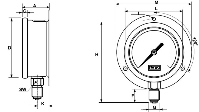 Steel High Pressure Diameter 100 1/4 SAE Bottom LTR MGH HVAC Pressure Gauge St 